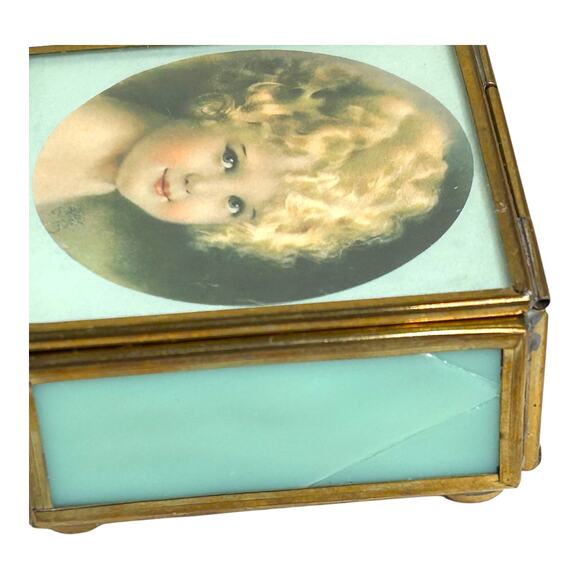 Vintage Via Vermont Sunbeam Print Light Blue Opalescent Glass Small Brass Box - Picture 8 of 11